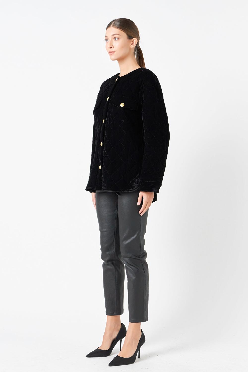 Endless Rose Premium Oversized Quilted Velvet Jacket BLACK