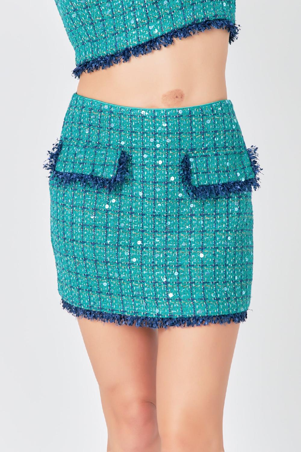 Endless Rose Premium Sequin Tweed Mini Skirt GREEN/NAVY