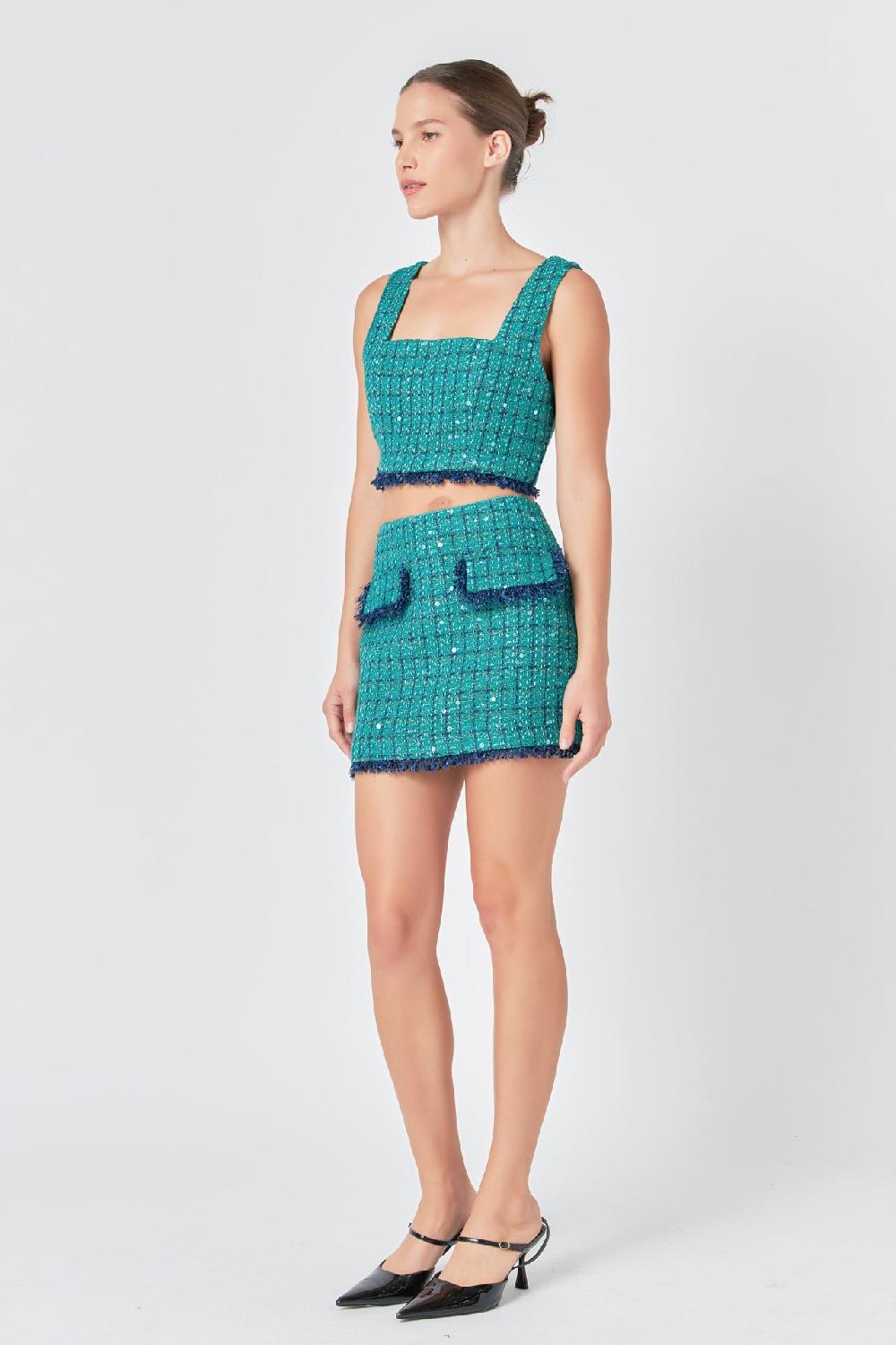 Endless Rose Premium Sequin Tweed Mini Skirt GREEN/NAVY