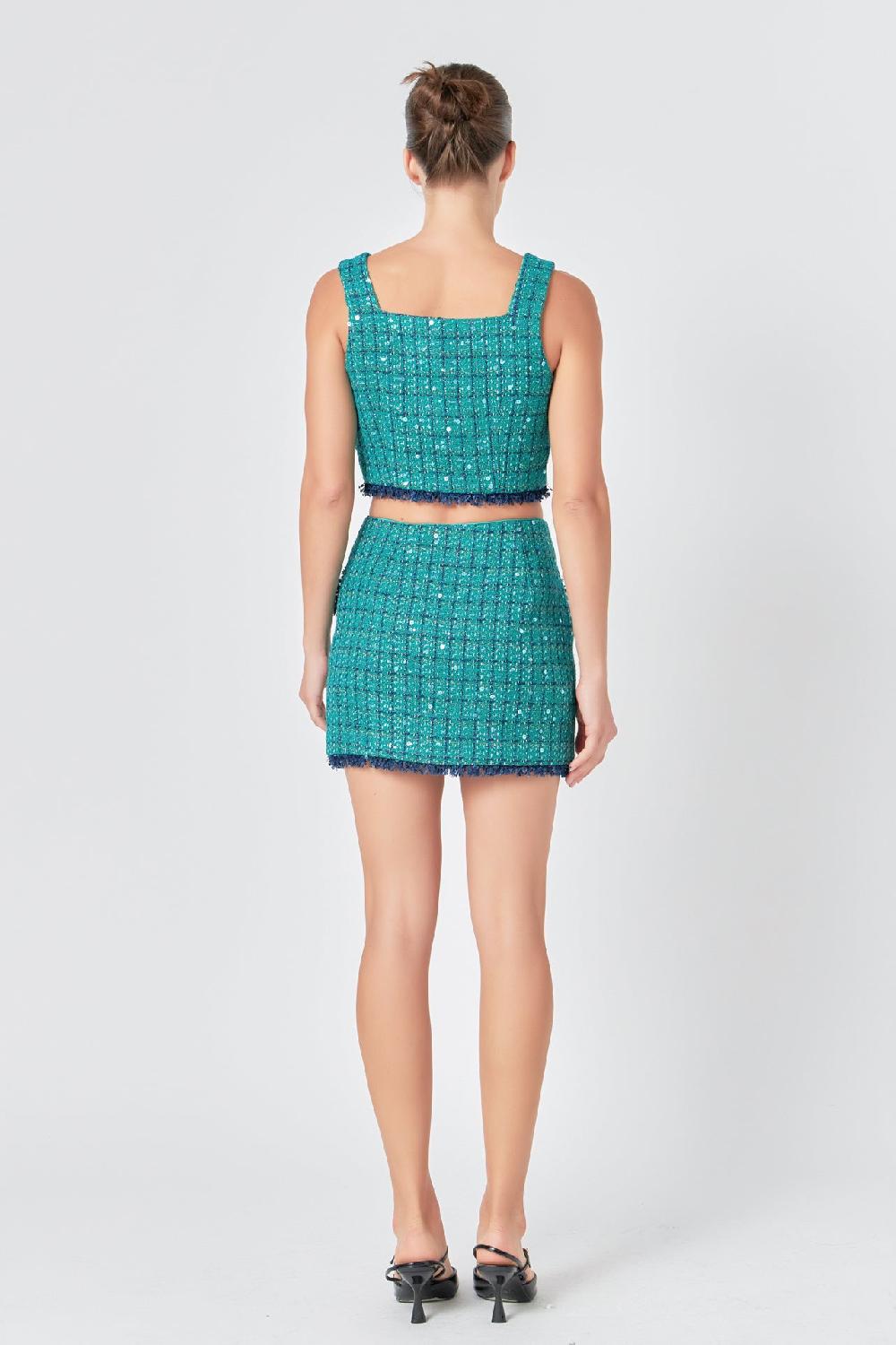 Endless Rose Premium Sequin Tweed Mini Skirt GREEN/NAVY