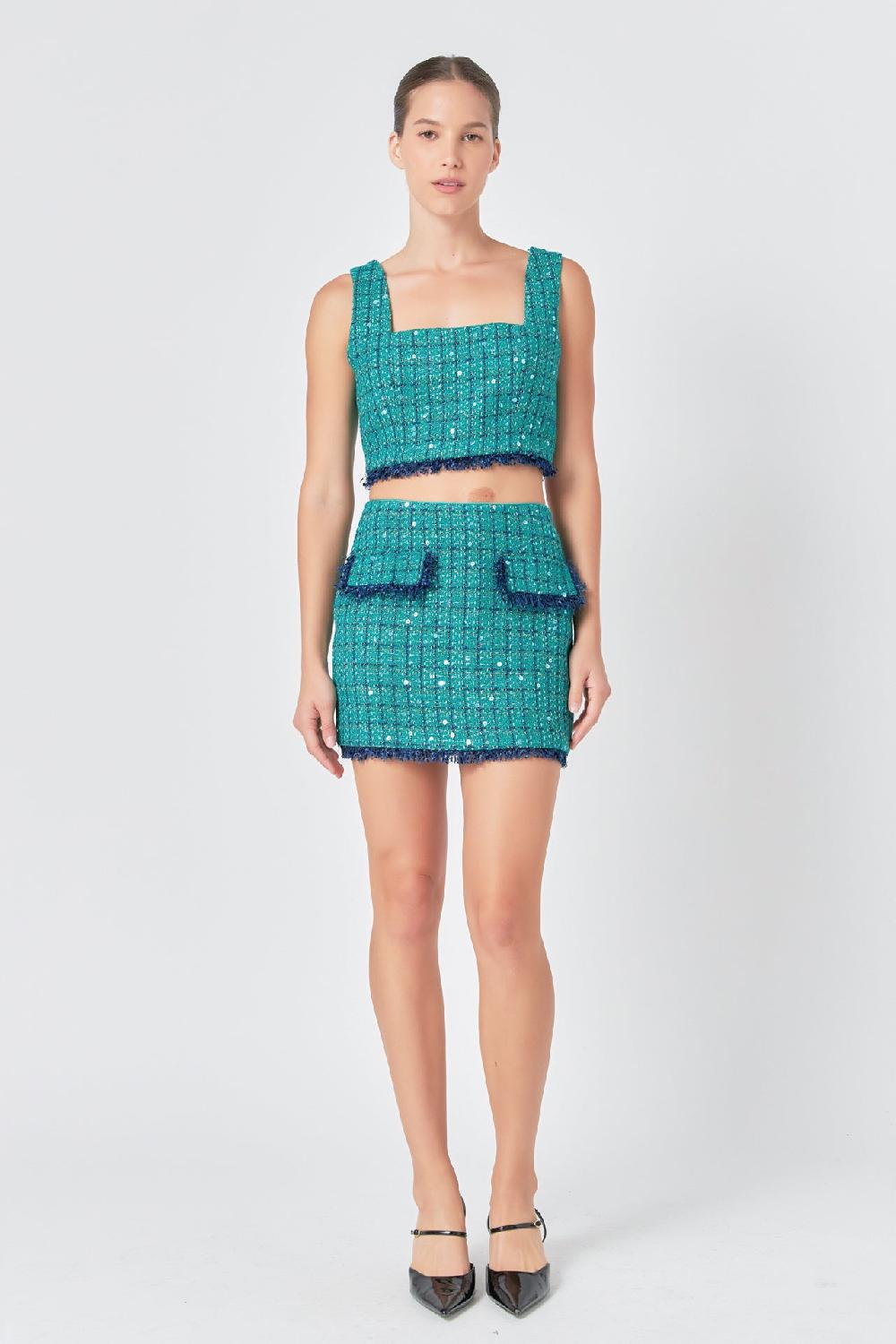 endless rose Premium Sequin Tweed Mini Skirt GREEN/NAVY