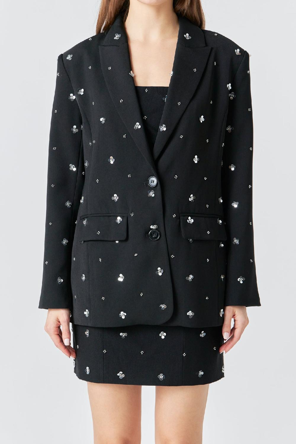 Endless Rose Premium Sequins Floral Embroidery Blazer BLACK