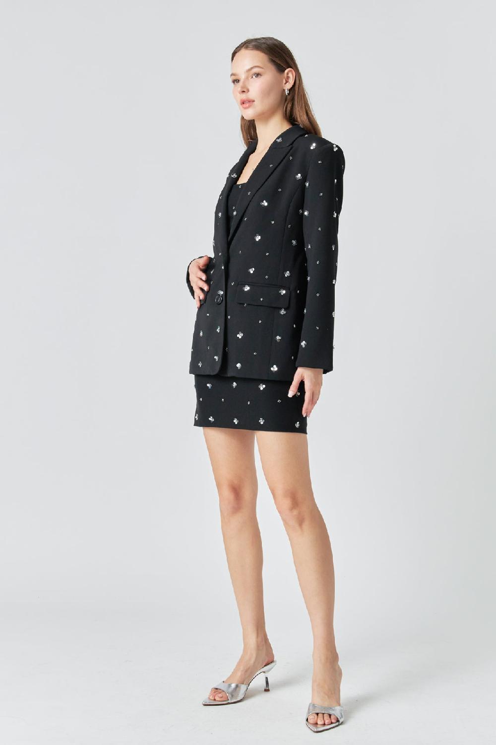 Endless Rose Premium Sequins Floral Embroidery Blazer BLACK