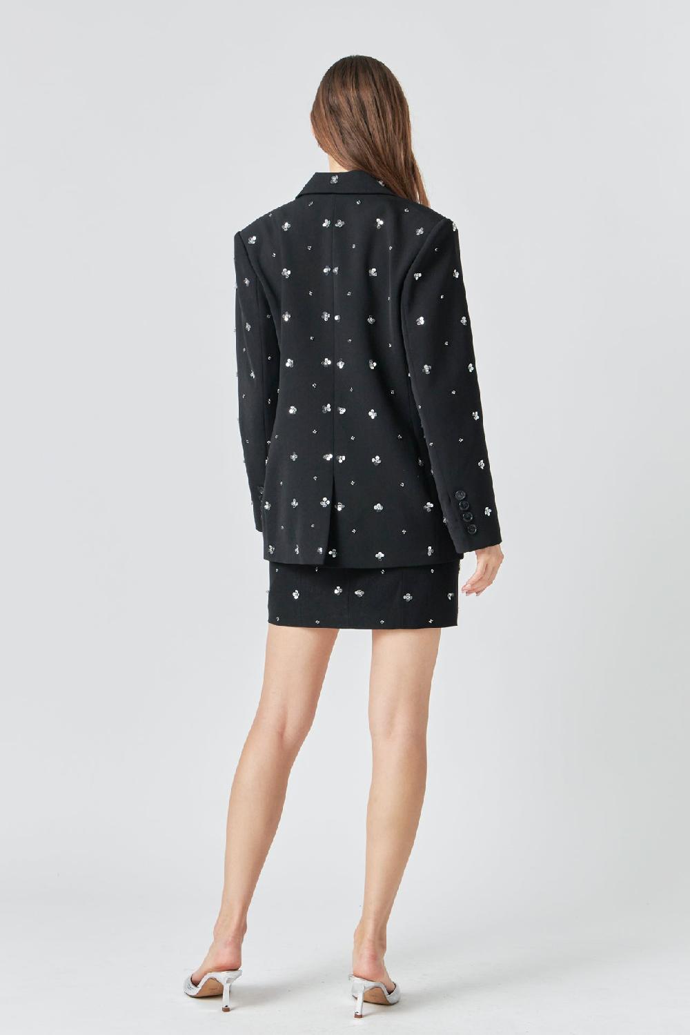 Endless Rose Premium Sequins Floral Embroidery Blazer BLACK