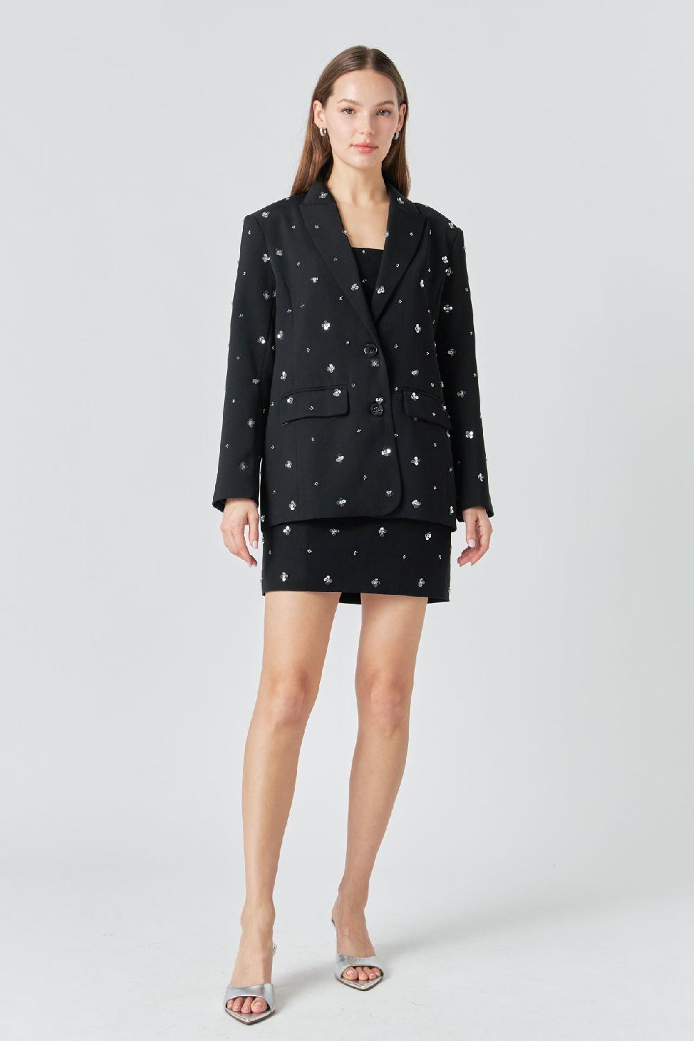 endless rose Premium Sequins Floral Embroidery Blazer BLACK