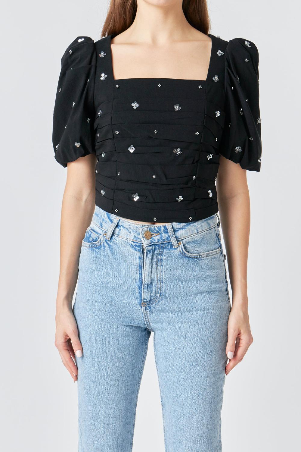 Endless Rose Premium Sequins Floral Embroidery Top BLACK