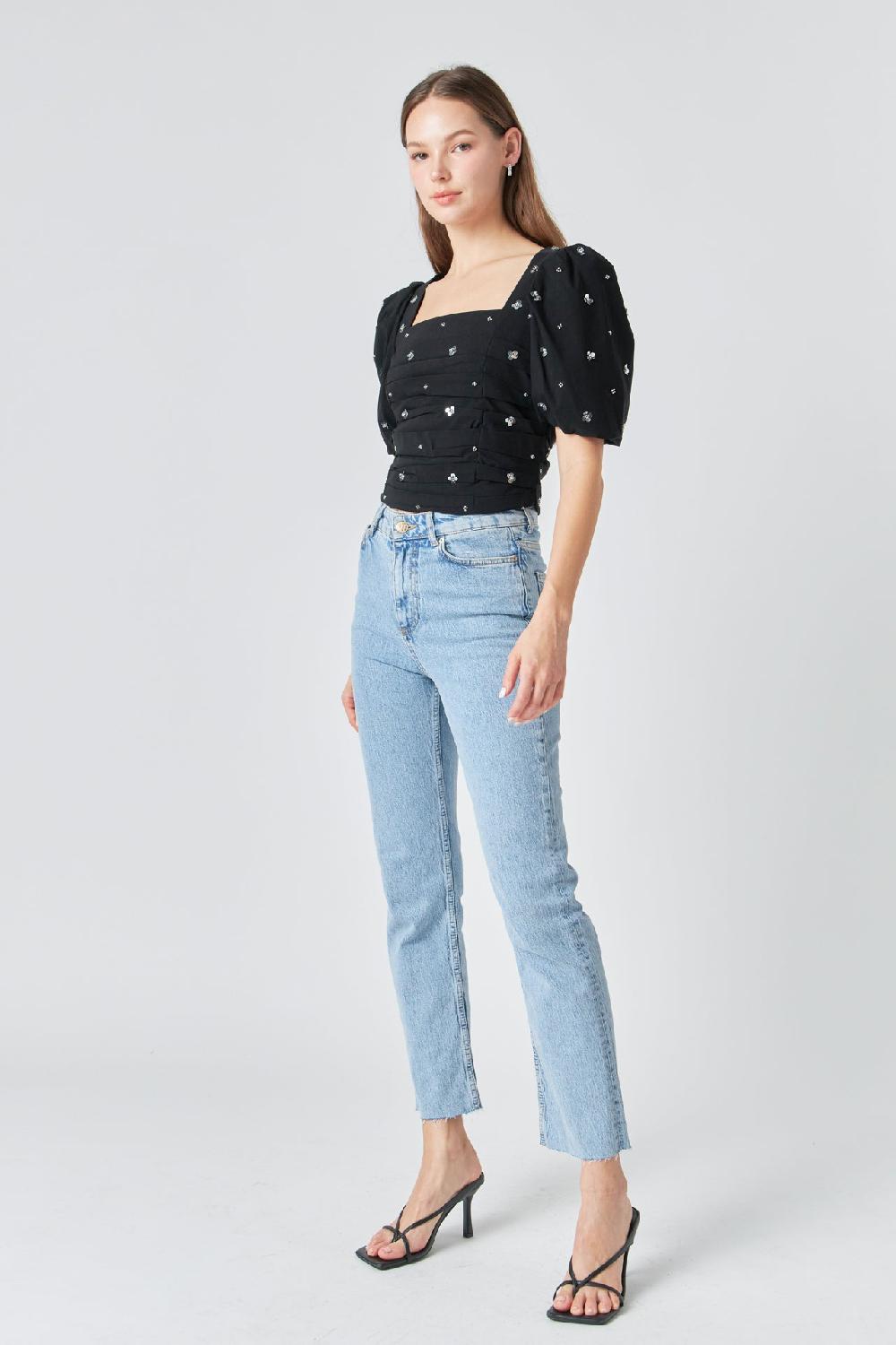 Endless Rose Premium Sequins Floral Embroidery Top BLACK