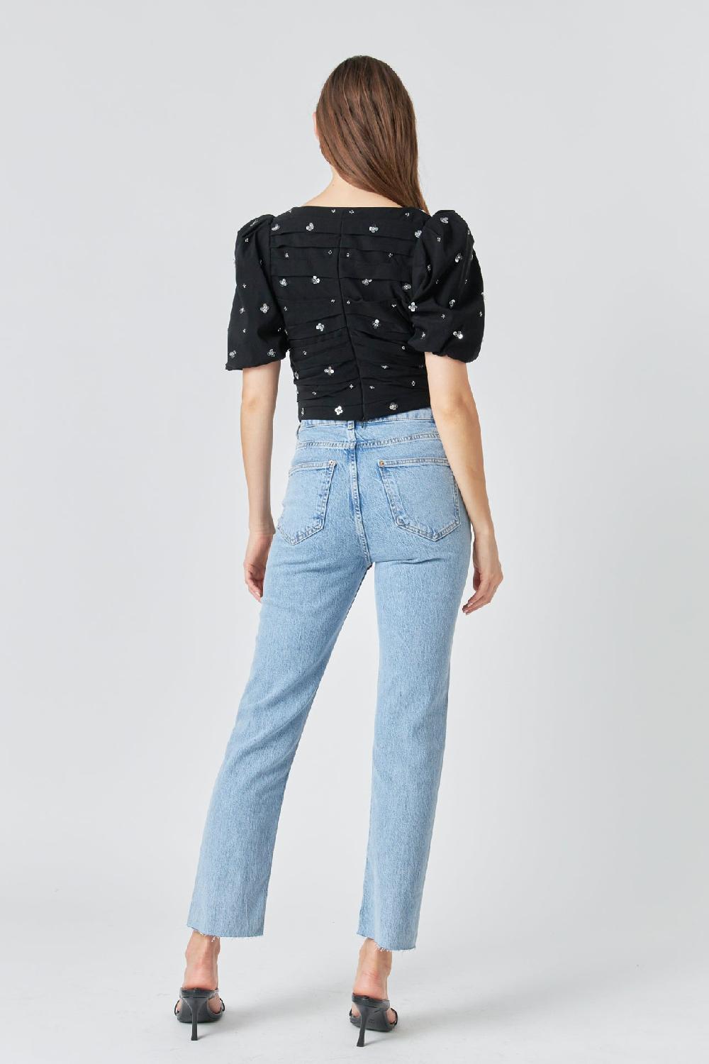 Endless Rose Premium Sequins Floral Embroidery Top BLACK