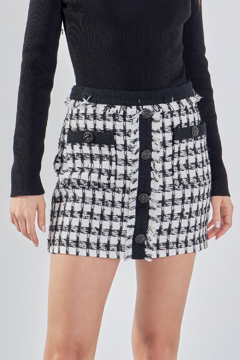 Endless Rose Premium Tweed Mini Skirt With Fringe BLACK/WHITE