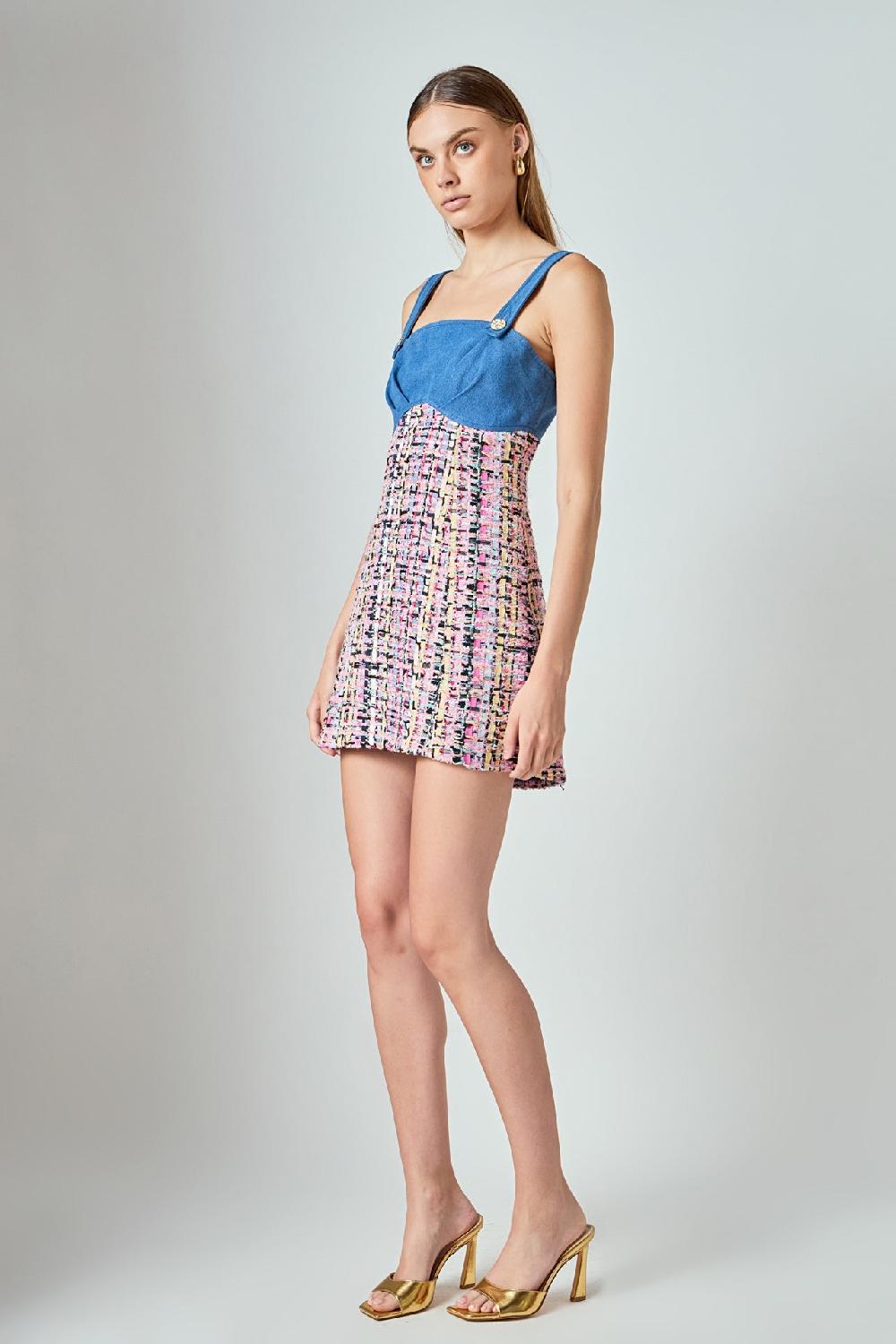 Endless Rose Premium Tweed Square Neck Dress PINK MULTI