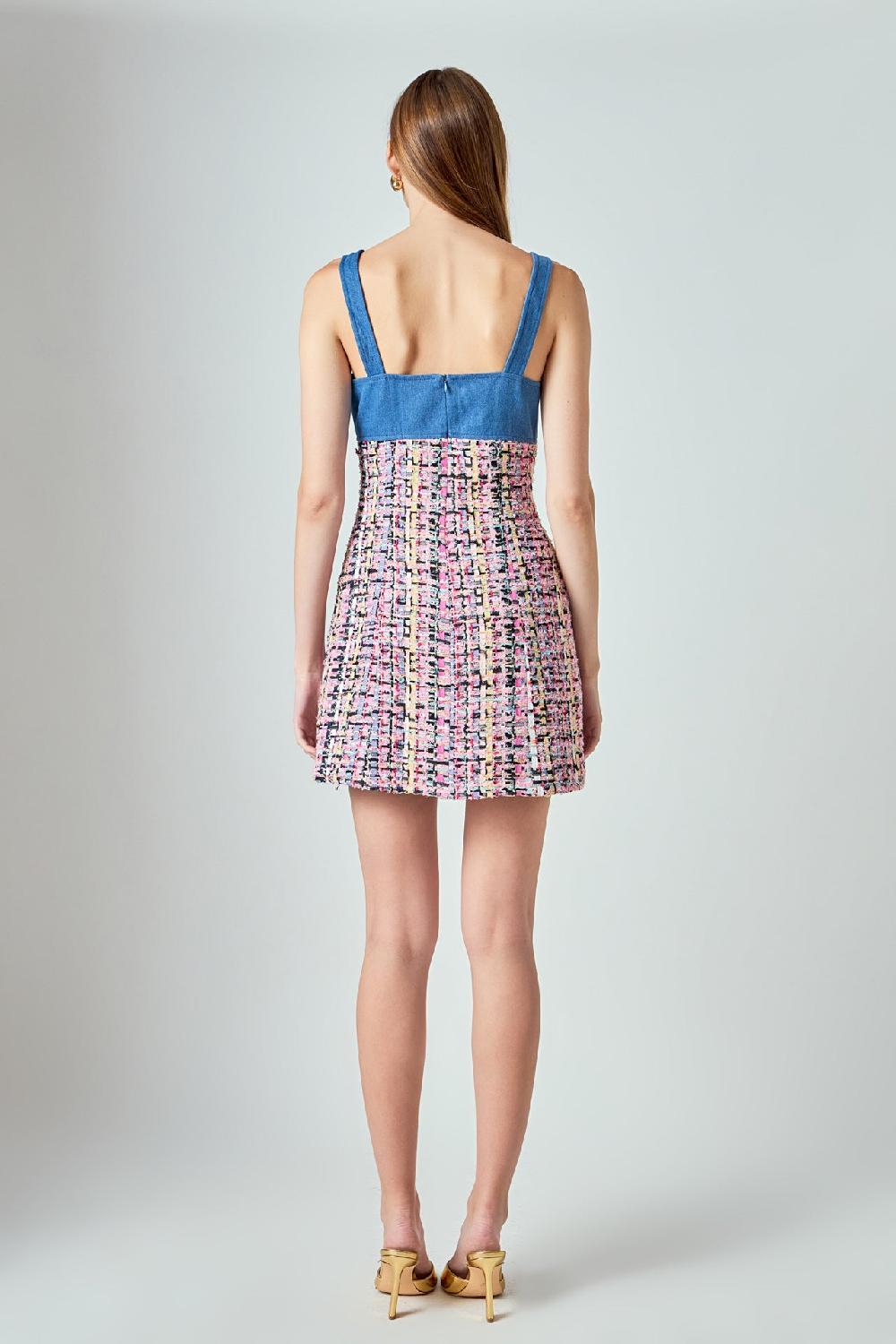 Endless Rose Premium Tweed Square Neck Dress PINK MULTI