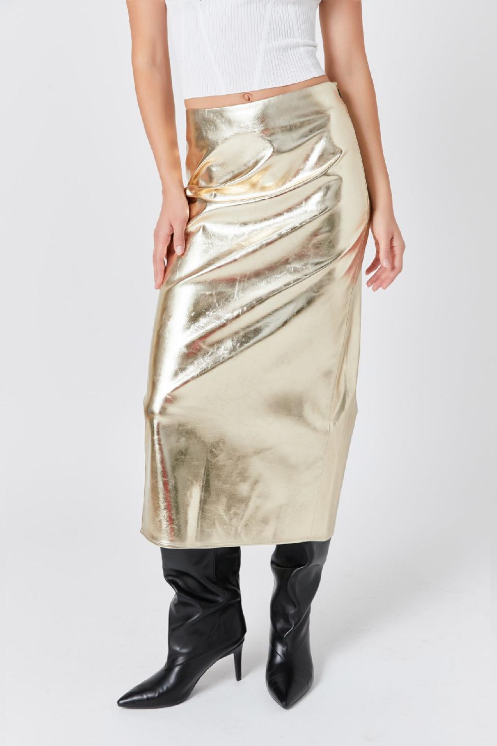 Endless Rose Printed Foil Faux Leather Maxi Skirt CHAMPAGNE