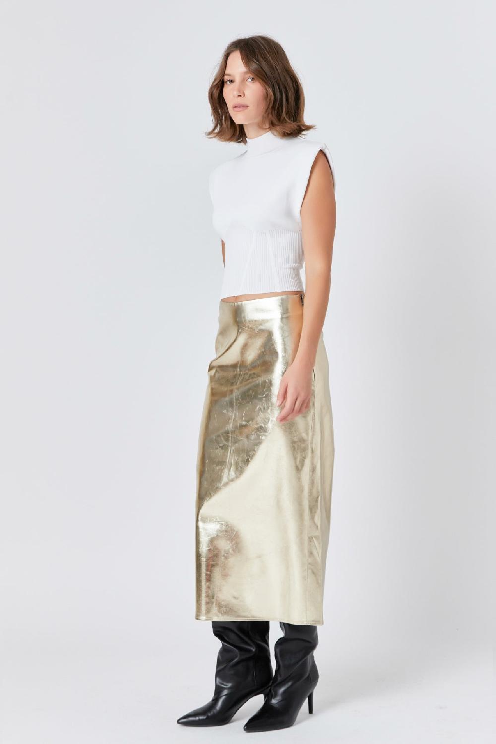 Endless Rose Printed Foil Faux Leather Maxi Skirt CHAMPAGNE
