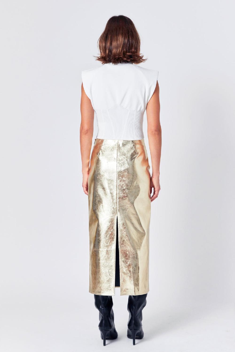 Endless Rose Printed Foil Faux Leather Maxi Skirt CHAMPAGNE