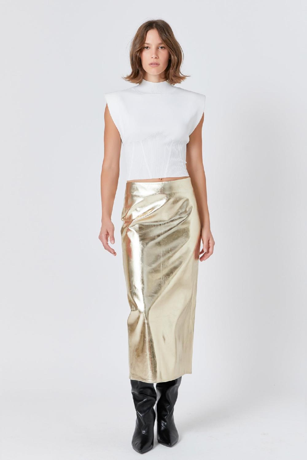endless rose Printed Foil Faux Leather Maxi Skirt CHAMPAGNE