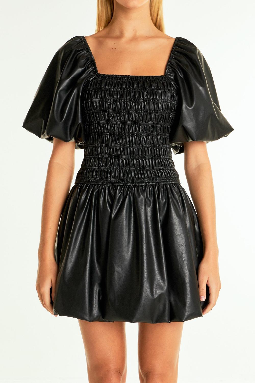Endless Rose Pu Smocked Balloon Detail Mini Dress BLACK