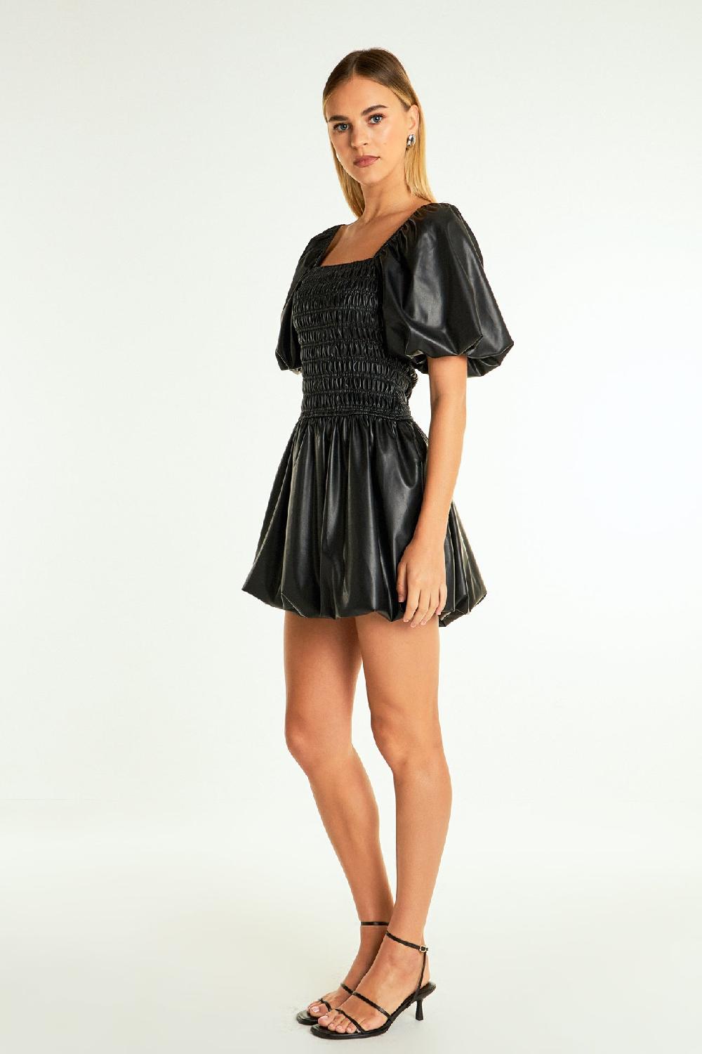 Endless Rose Pu Smocked Balloon Detail Mini Dress BLACK