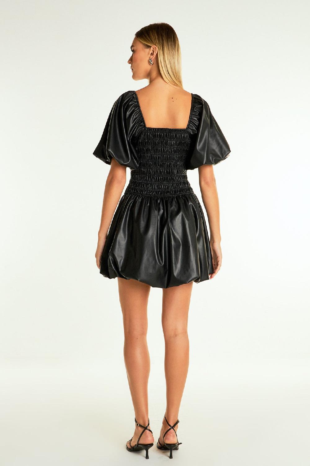 Endless Rose Pu Smocked Balloon Detail Mini Dress BLACK