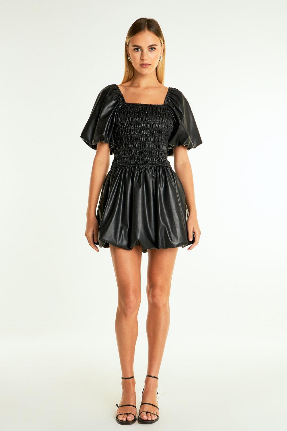 endless rose Pu Smocked Balloon Detail Mini Dress BLACK
