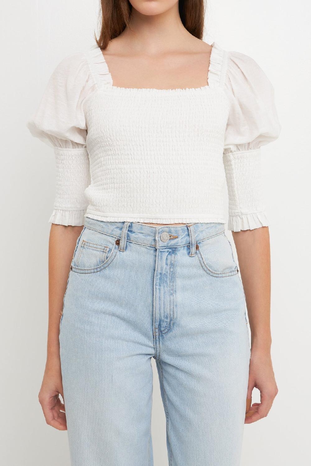 Endless Rose Quarter Sleeve Smocked Puff Sleeve Top WHITE
