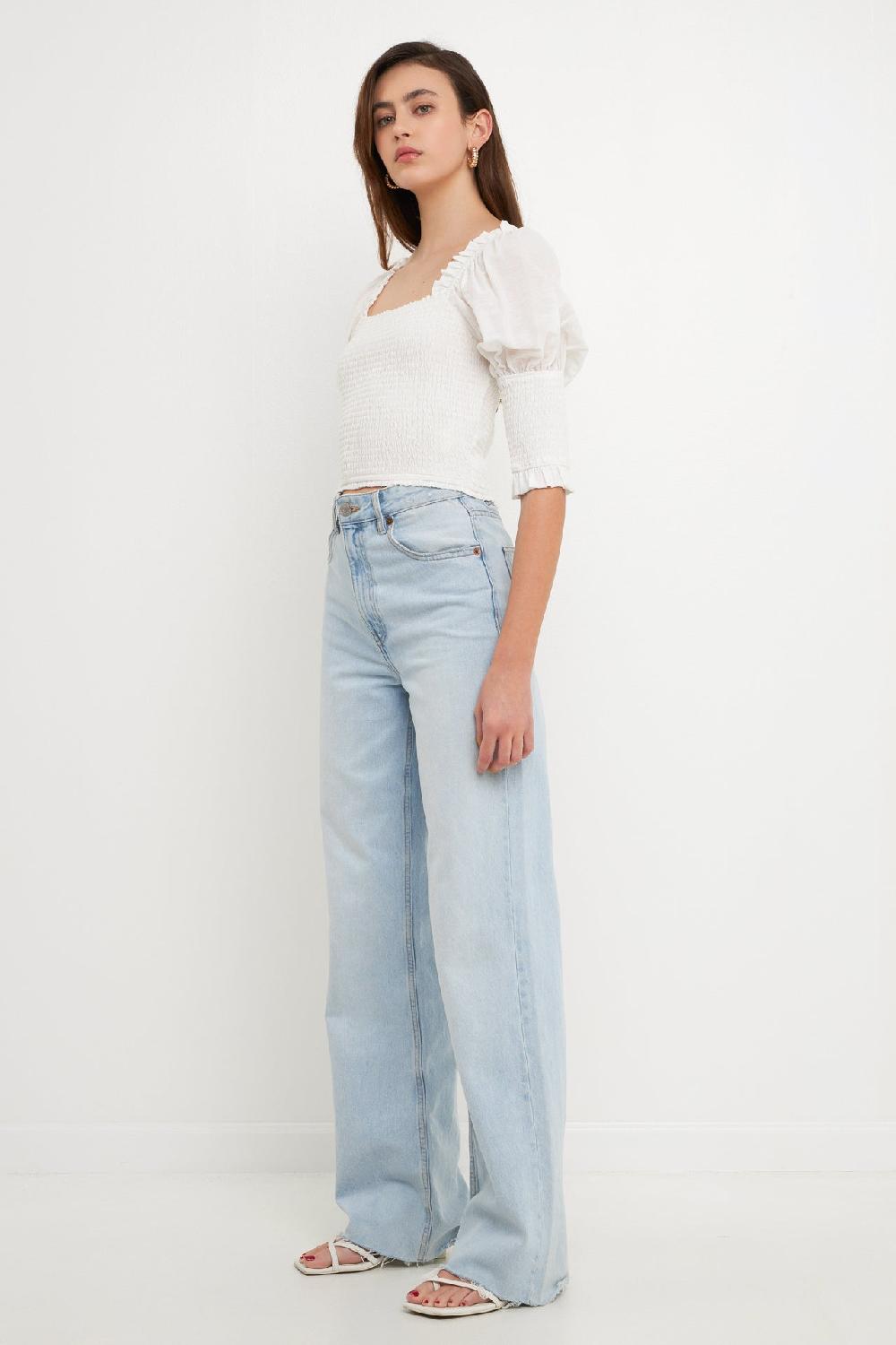 Endless Rose Quarter Sleeve Smocked Puff Sleeve Top WHITE