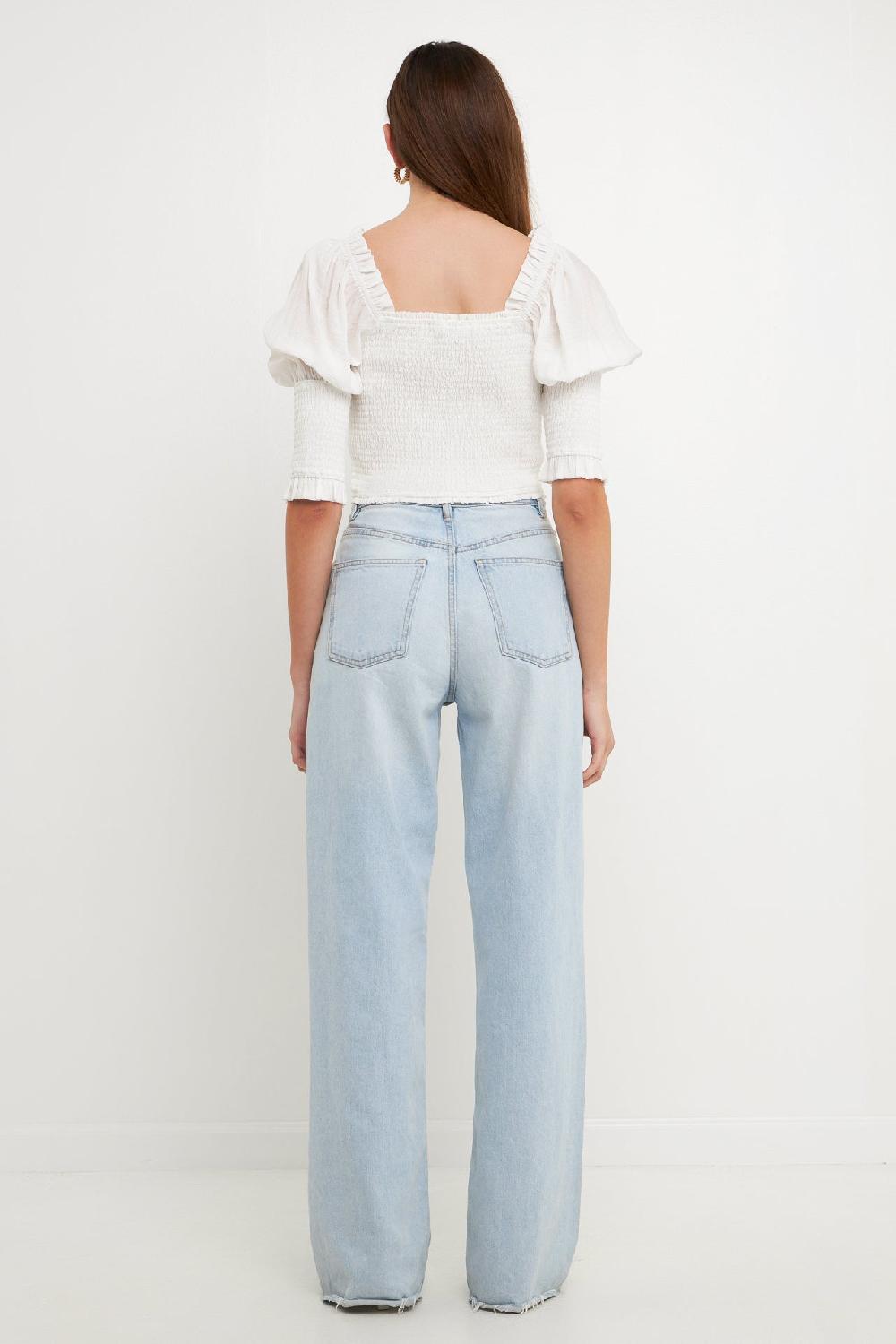 Endless Rose Quarter Sleeve Smocked Puff Sleeve Top WHITE