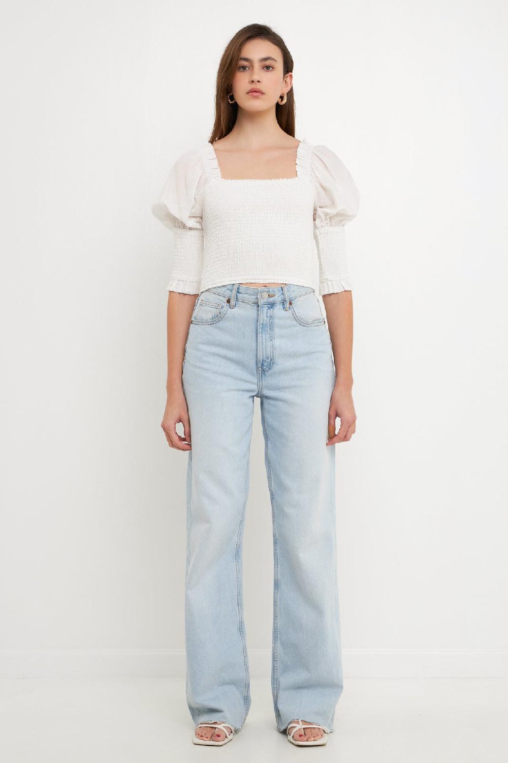 endless rose Quarter Sleeve Smocked Puff Sleeve Top WHITE