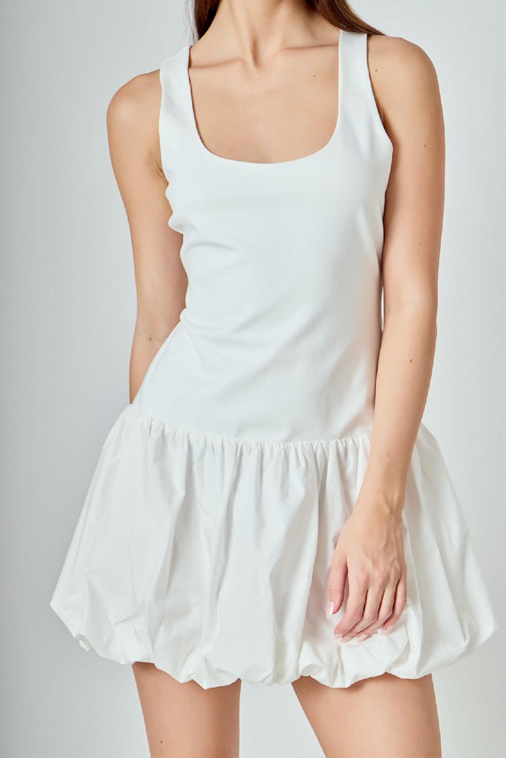 Endless Rose Quinn Mixed Media Scoop Neck Blouson Mini Dress WHITE