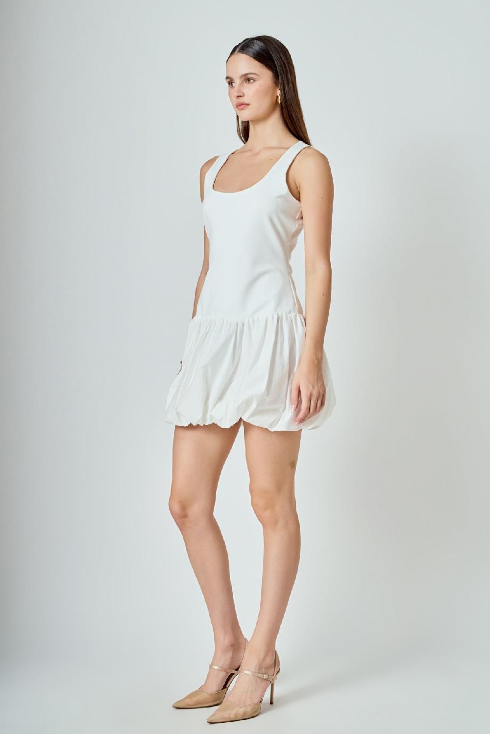 Endless Rose Quinn Mixed Media Scoop Neck Blouson Mini Dress WHITE