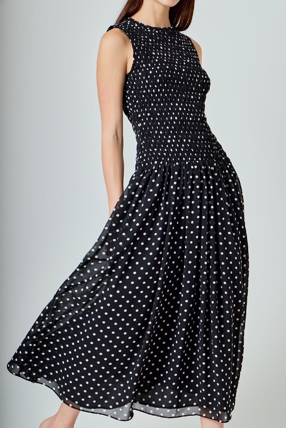 Endless Rose Rachel Smocked Drop Waist Polka Dot Maxi Dress BLACK/WHITE