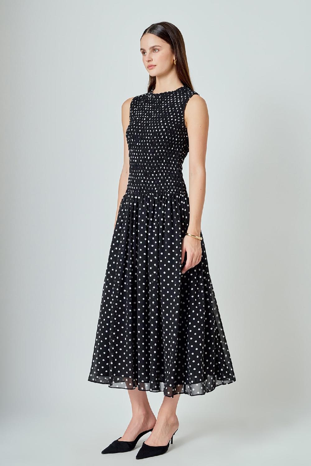 Endless Rose Rachel Smocked Drop Waist Polka Dot Maxi Dress BLACK/WHITE