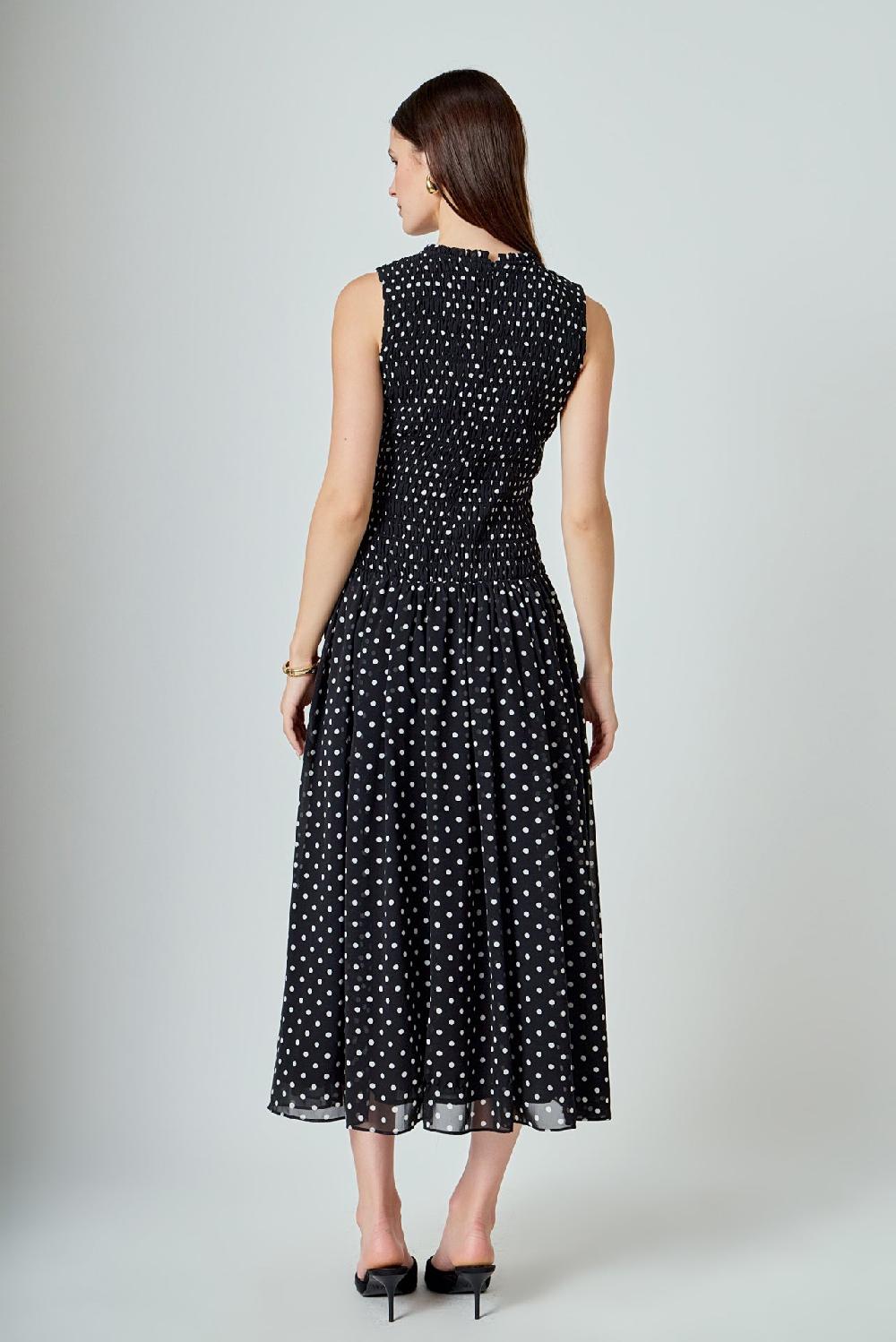 Endless Rose Rachel Smocked Drop Waist Polka Dot Maxi Dress BLACK/WHITE