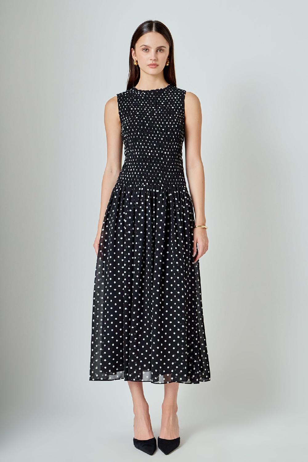 endless rose Rachel Smocked Drop Waist Polka Dot Maxi Dress BLACK/WHITE