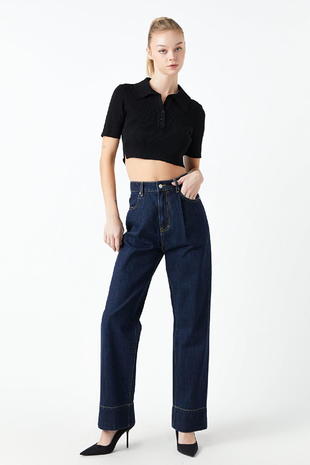 Endless Rose Ribbed Polo Knit Top With Side Slit BLACK