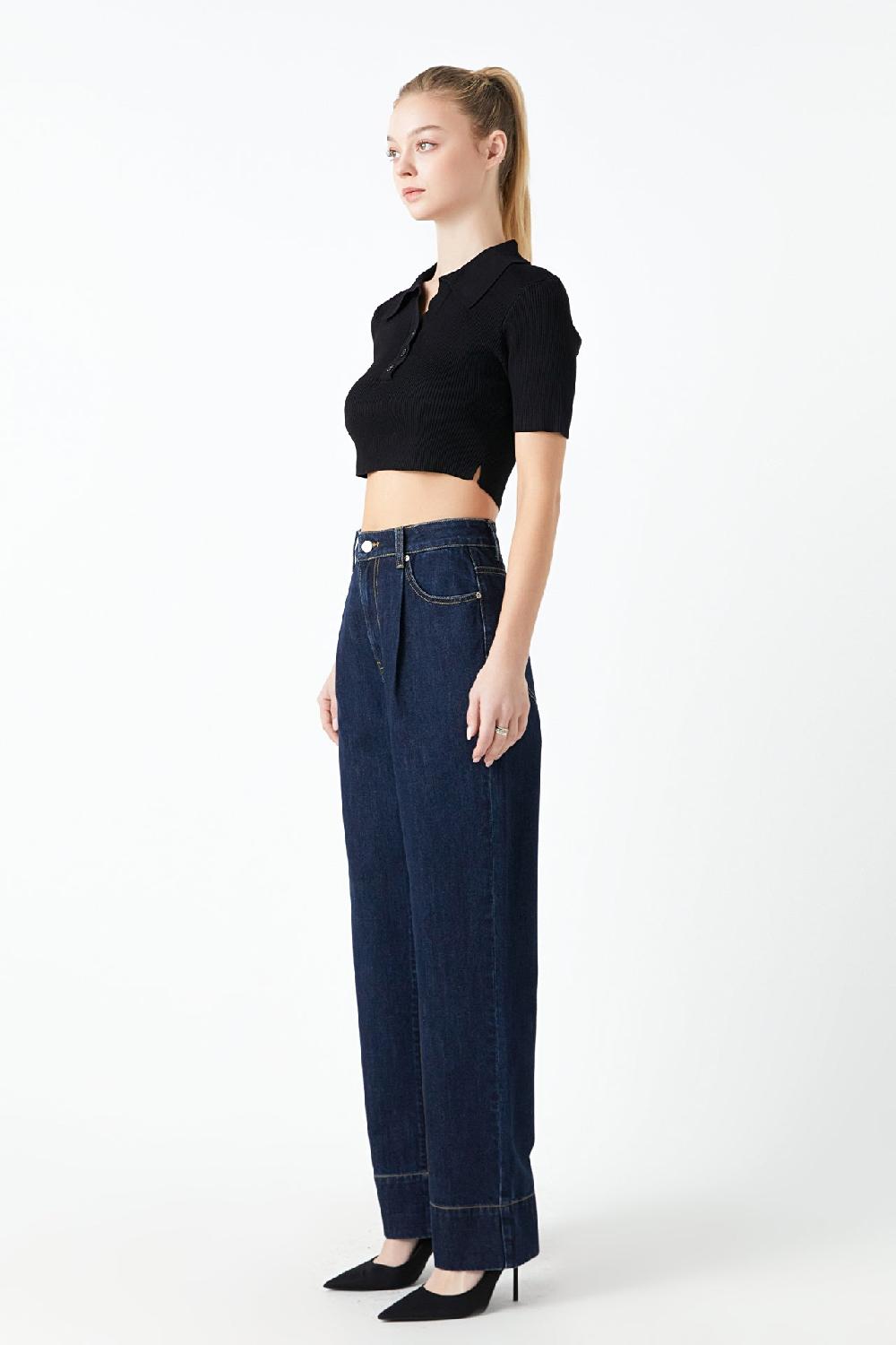 Endless Rose Ribbed Polo Knit Top With Side Slit BLACK