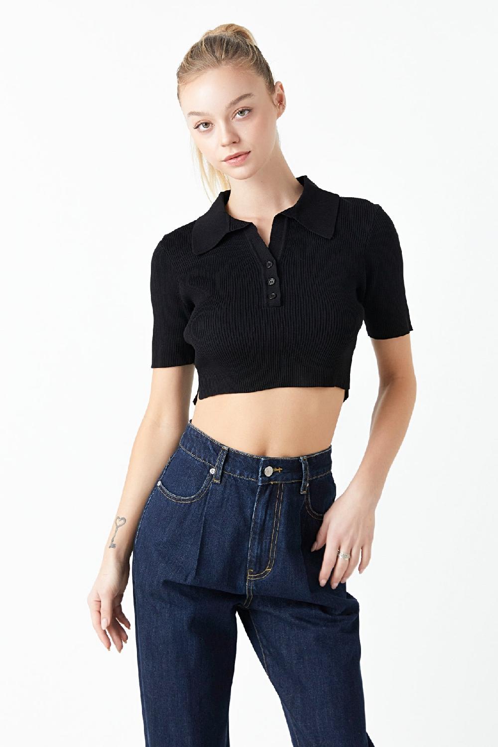 endless rose Ribbed Polo Knit Top with Side slit BLACK