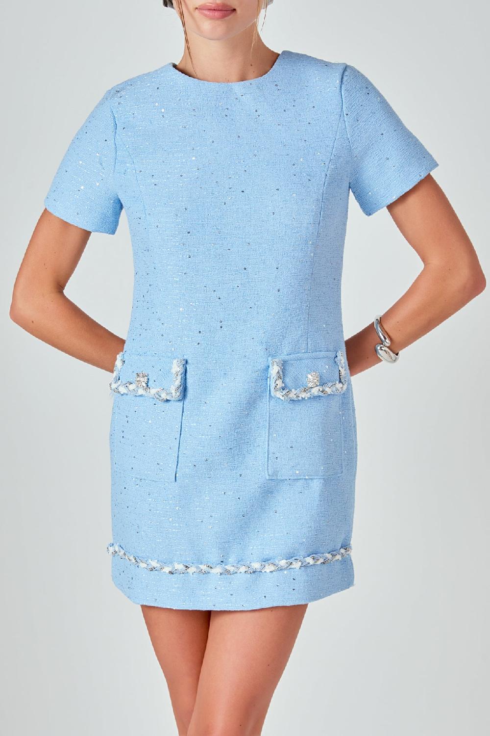 Endless Rose Romy Chain Embellished Short Sleeve Tweed Mini Dress BLUE