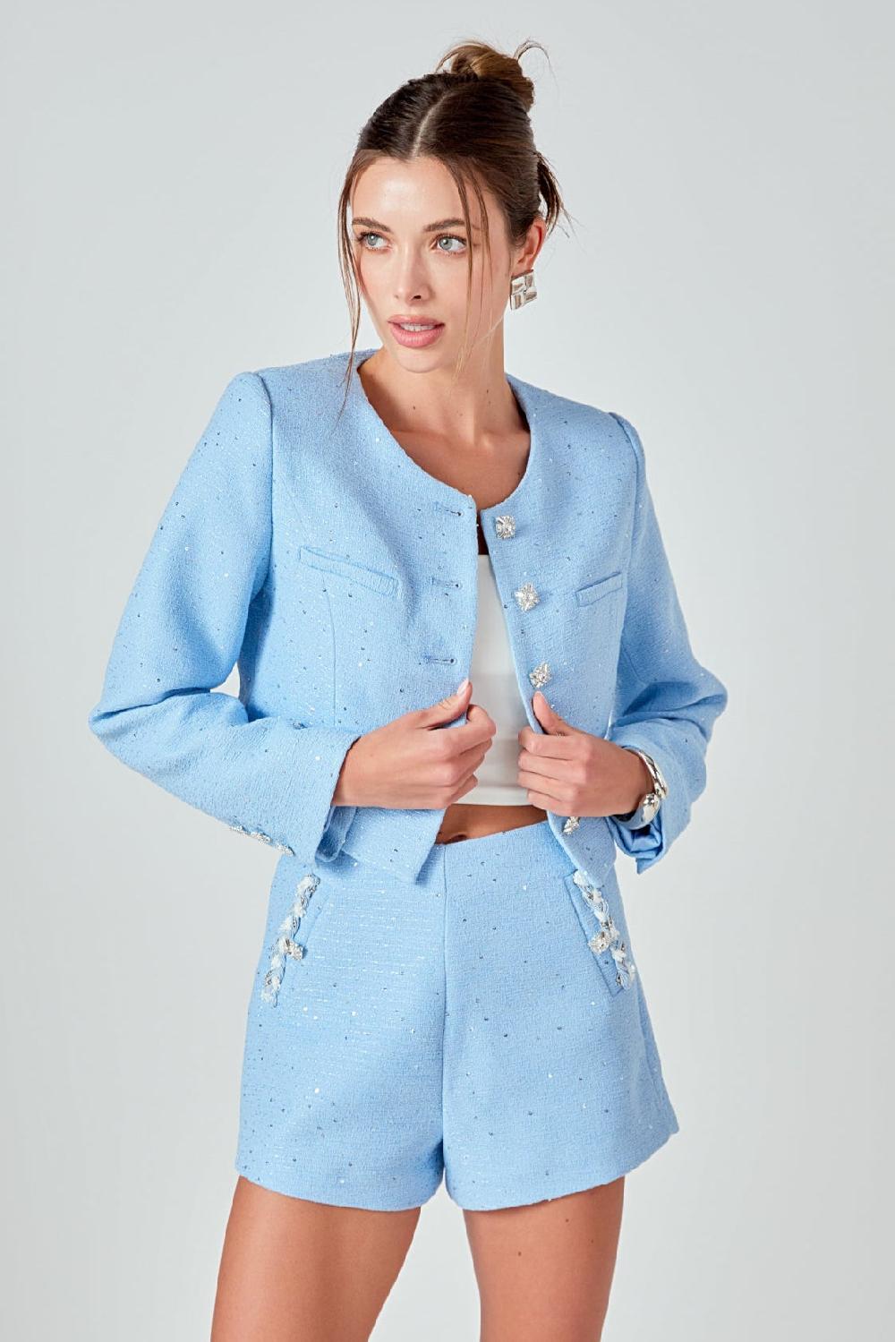 endless rose Romy Chain Embellished Tweed Cropped Jacket BLUE