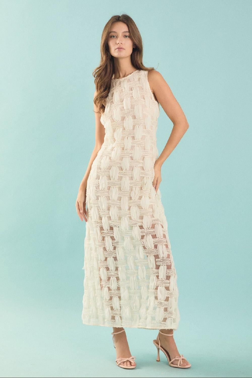 endless rose Rose Grid Textured Sleeveless Midi Dress IVORY