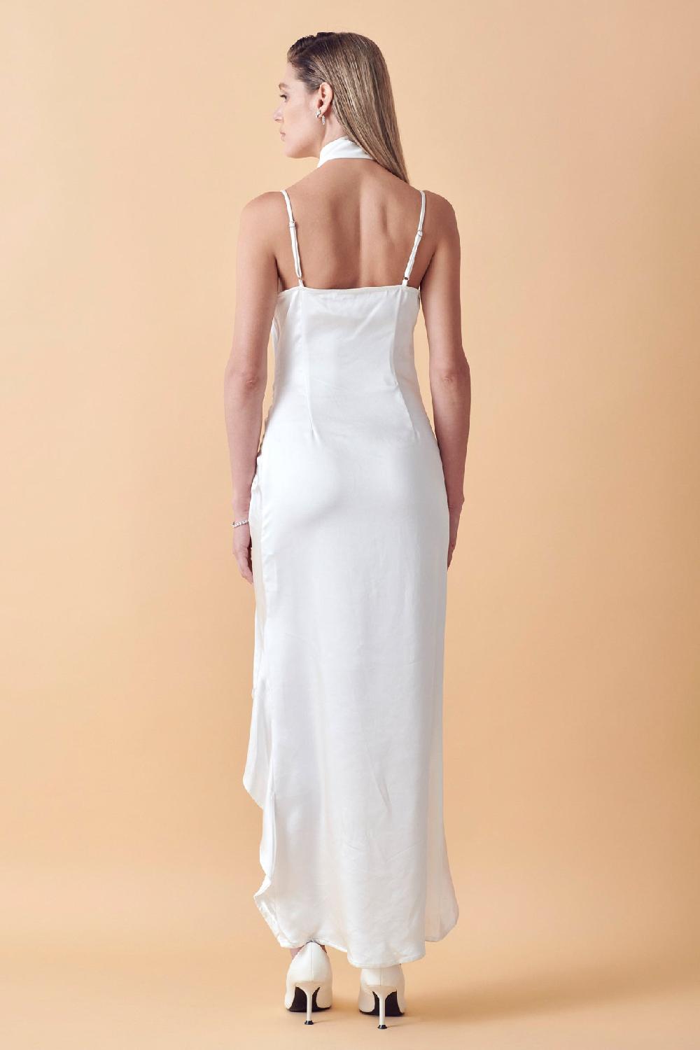 Endless Rose Ruched Asymmetrical Satin Slip Maxi WHITE