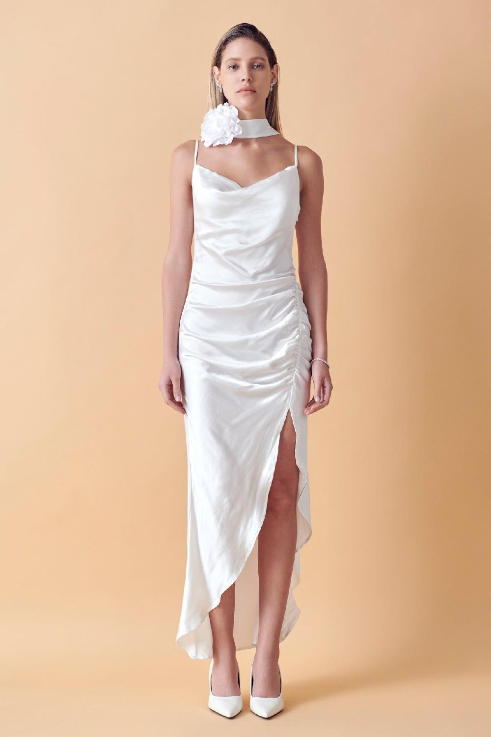 endless rose Ruched Asymmetrical Satin Slip Maxi WHITE