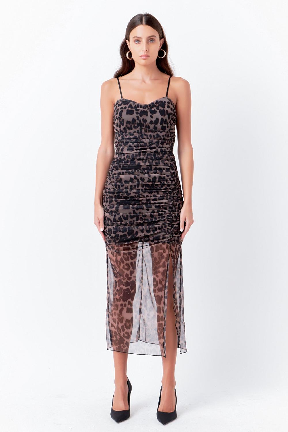 endless rose Ruched Mesh Asymmetrical Midi Dress LEOPARD