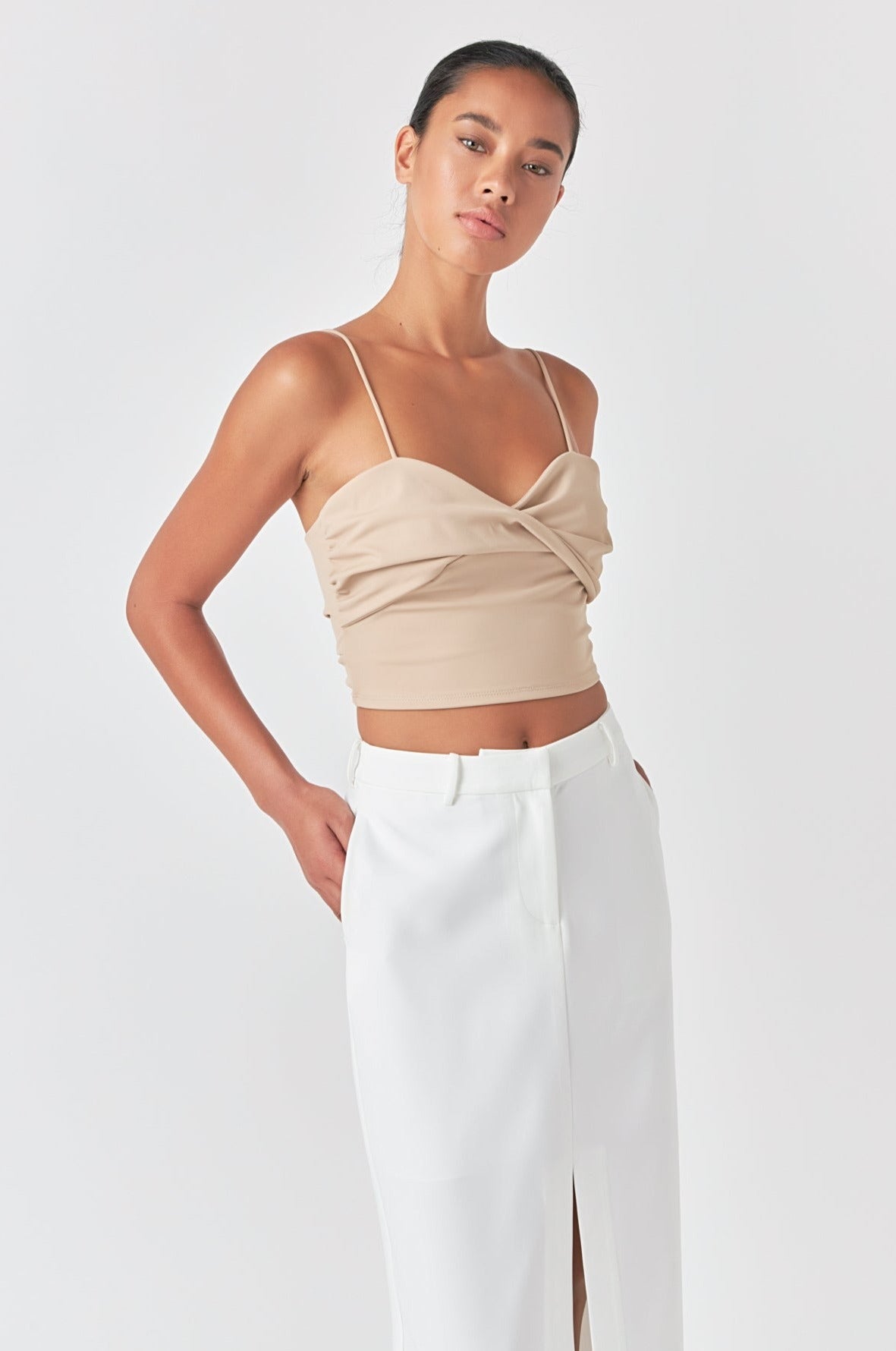 Endless Rose Ruched Nylon Jersey Back Twist Tank TAUPE