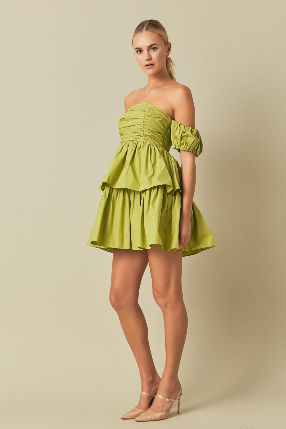 Endless Rose Ruched Off The Shoulder Mini Dress PISTACHIO