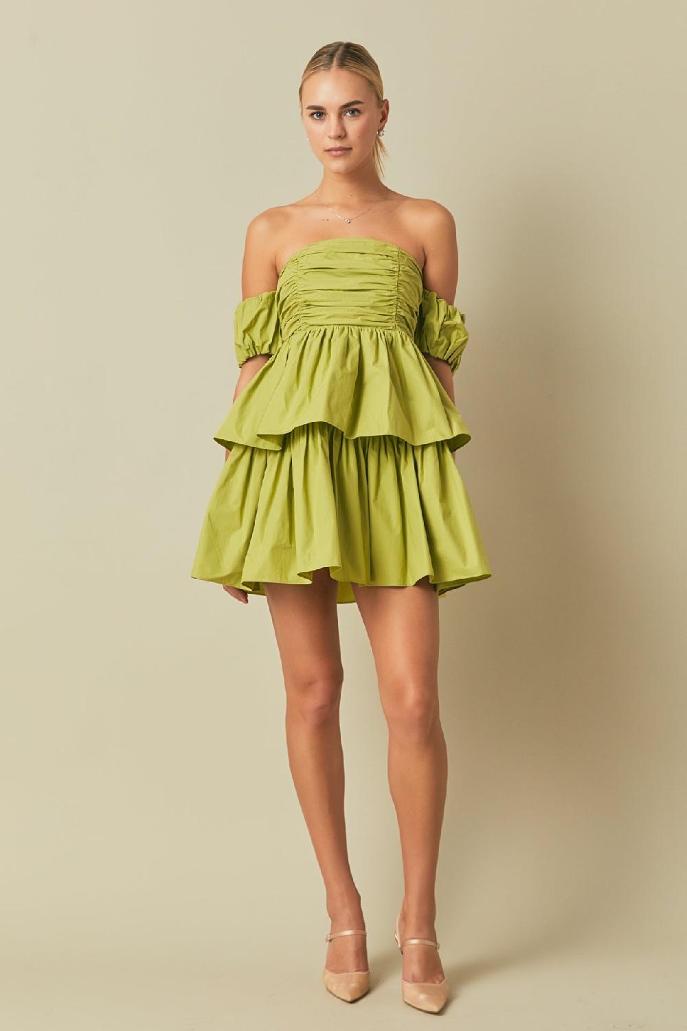 endless rose Ruched Off The Shoulder Mini Dress PISTACHIO