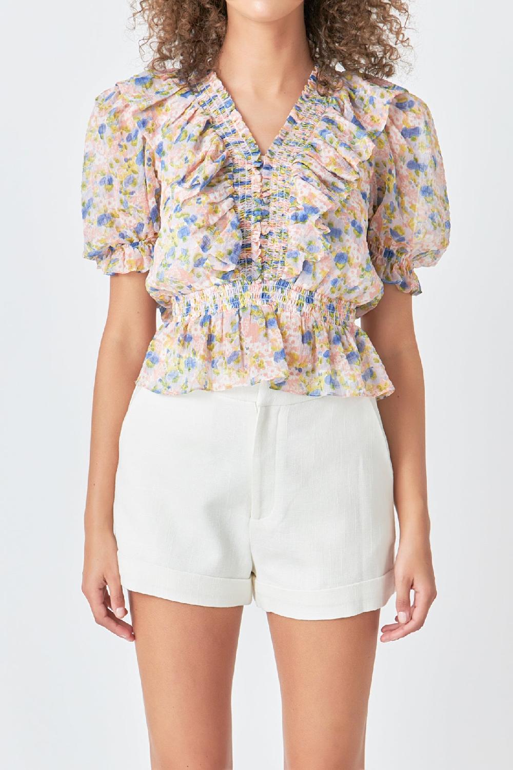 Endless Rose Ruffle Bodice Top With Puff Sleeves PINK MULTI