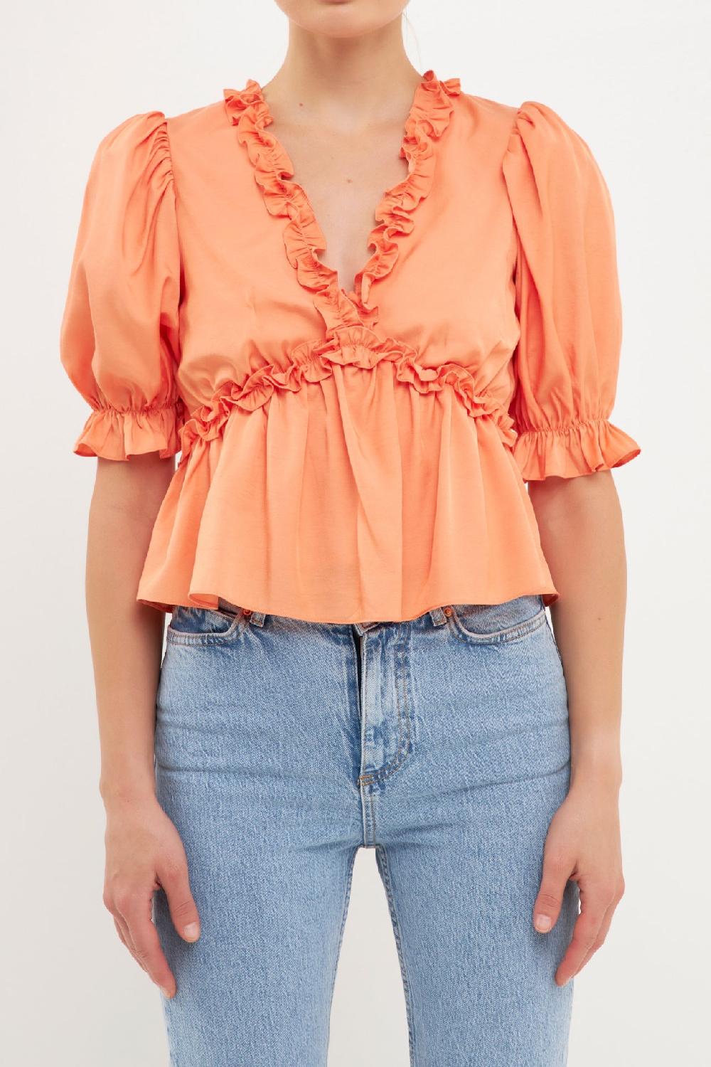 Endless Rose Ruffle Detail Top With Puff Sleeves TANGERINE