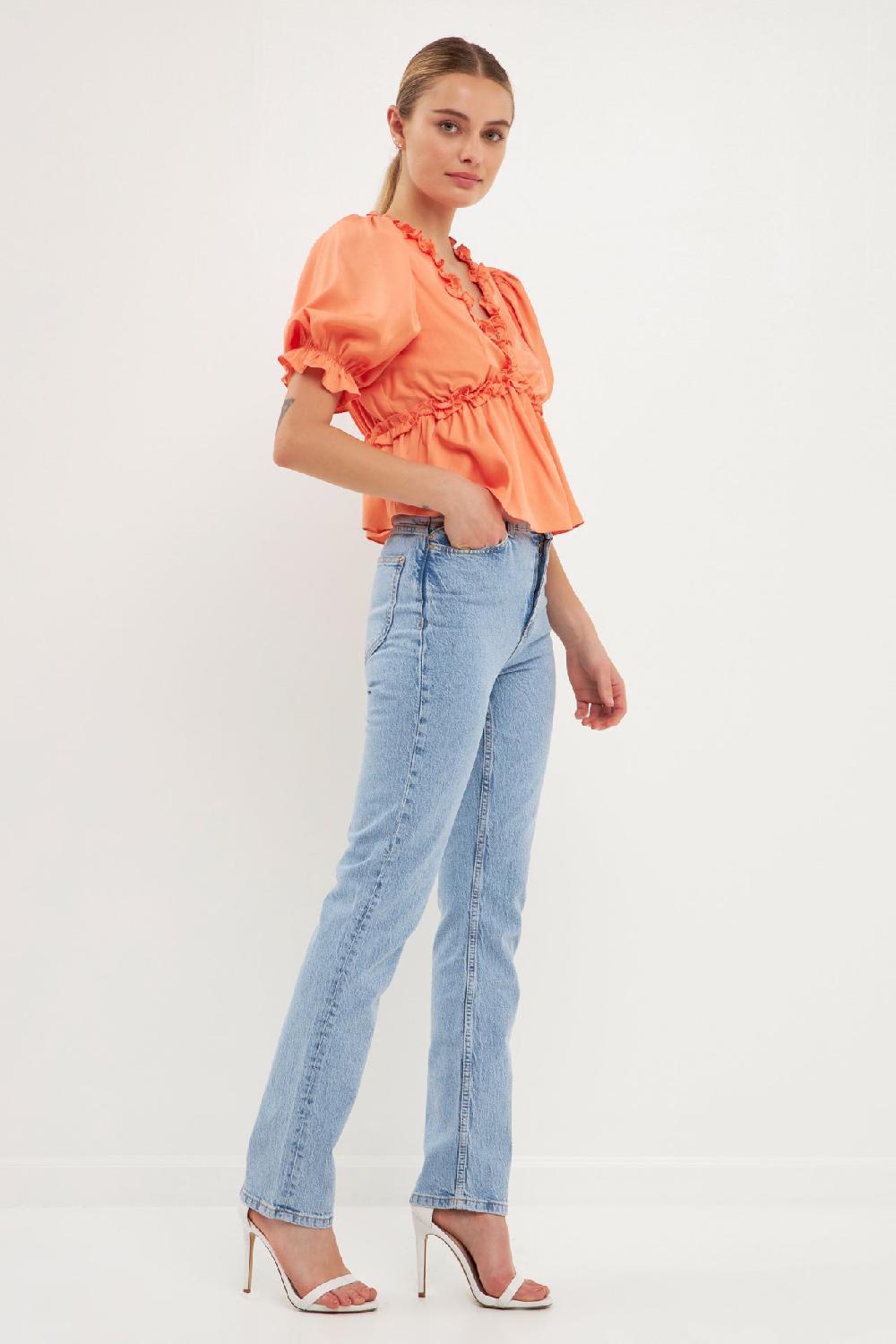 Endless Rose Ruffle Detail Top With Puff Sleeves TANGERINE