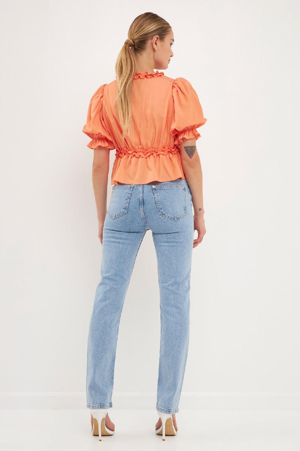 Endless Rose Ruffle Detail Top With Puff Sleeves TANGERINE