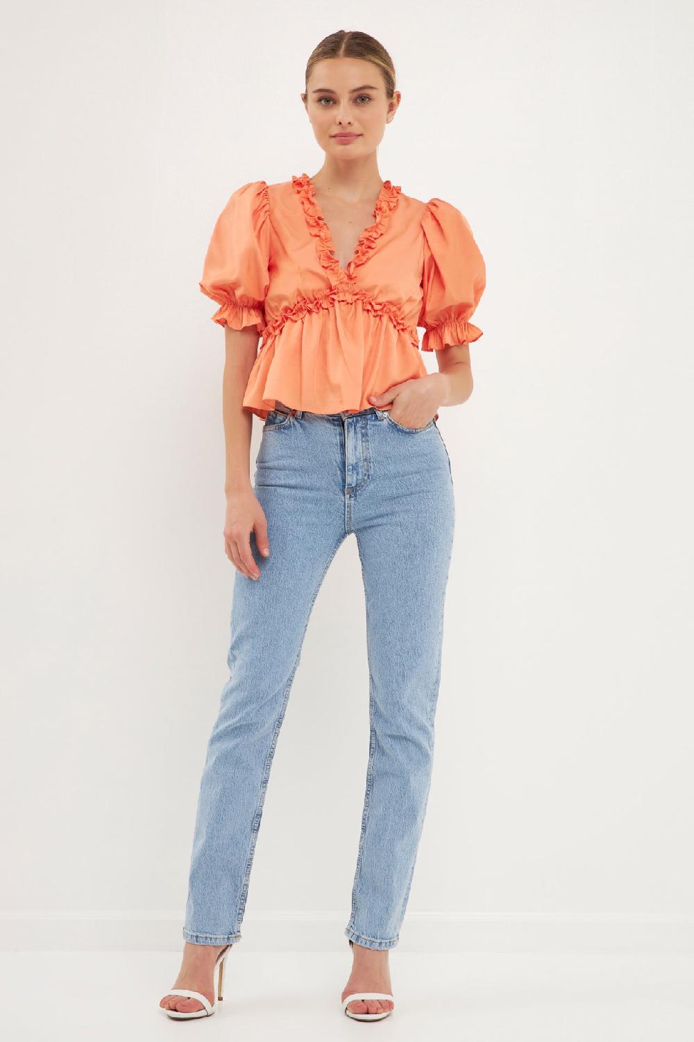 endless rose Ruffle Detail Top with Puff Sleeves TANGERINE